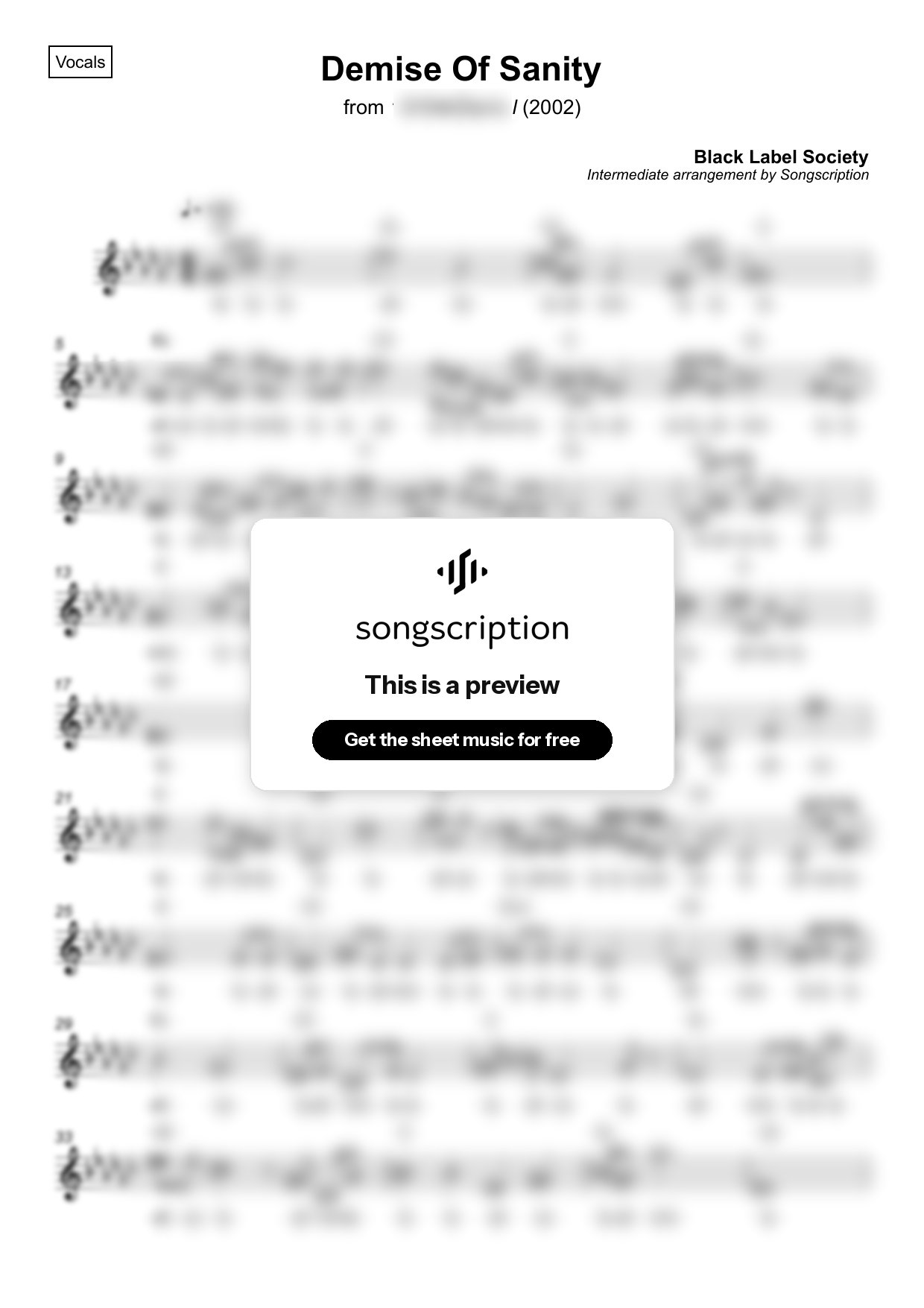 Intermediate Vocals Sheet Music for "Demise Of Sanity" by Black Label Society