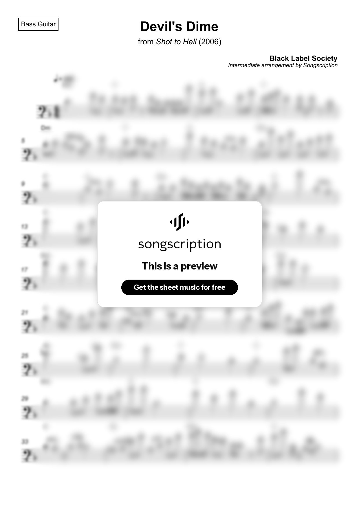 Intermediate Bass Guitar Sheet Music for "Devil's Dime" by Black Label Society
