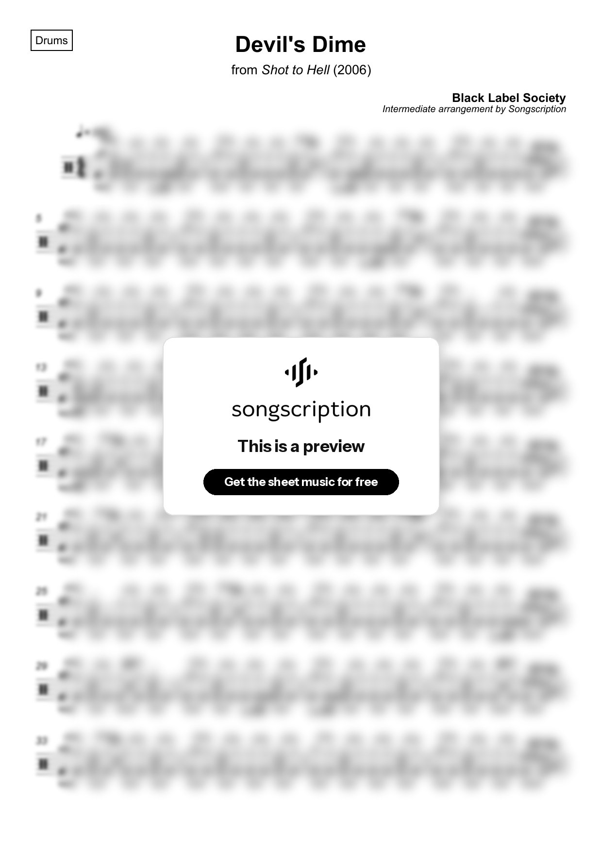 Intermediate Drums Sheet Music for "Devil's Dime" by Black Label Society