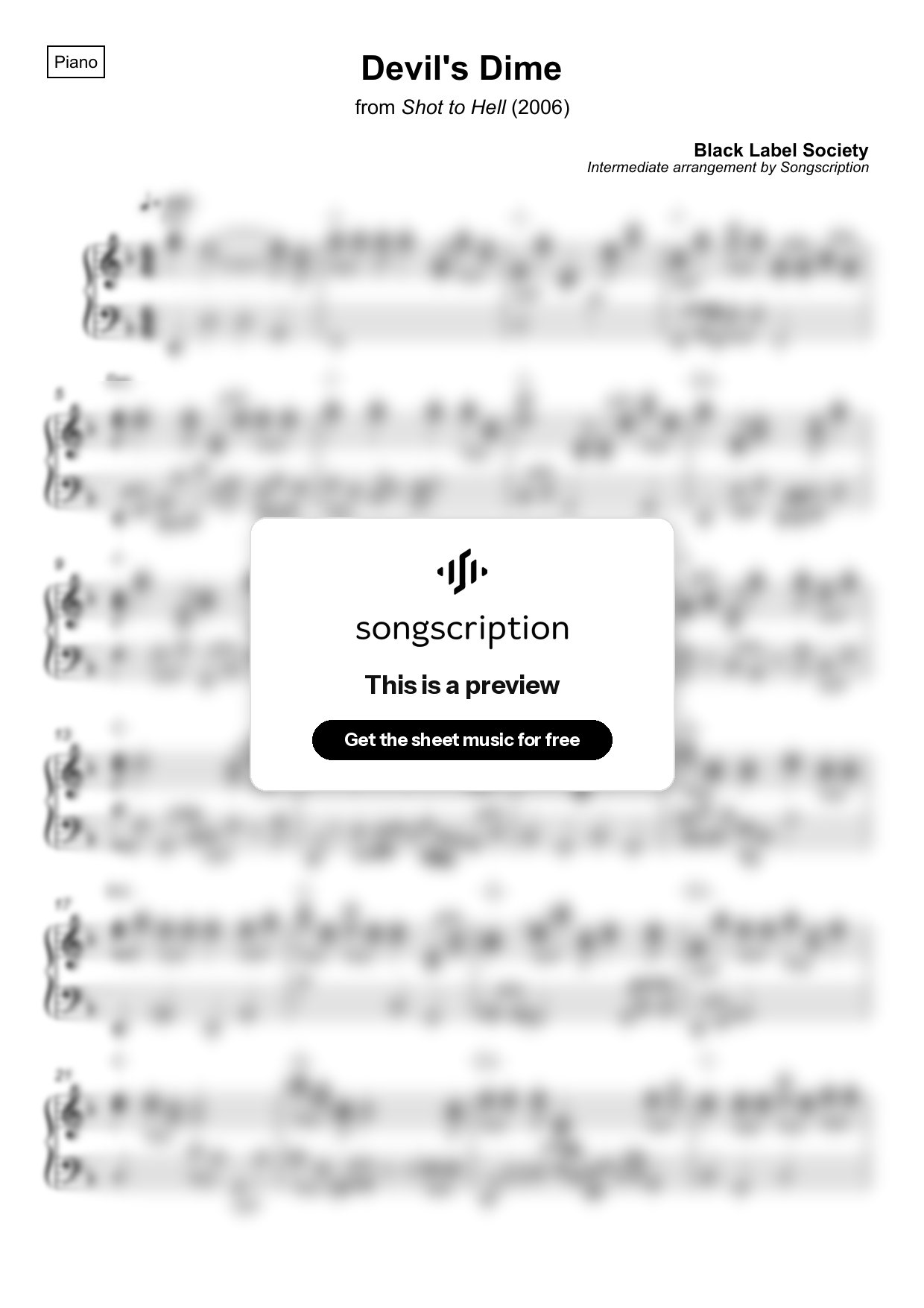 Intermediate Piano Sheet Music for "Devil's Dime" by Black Label Society