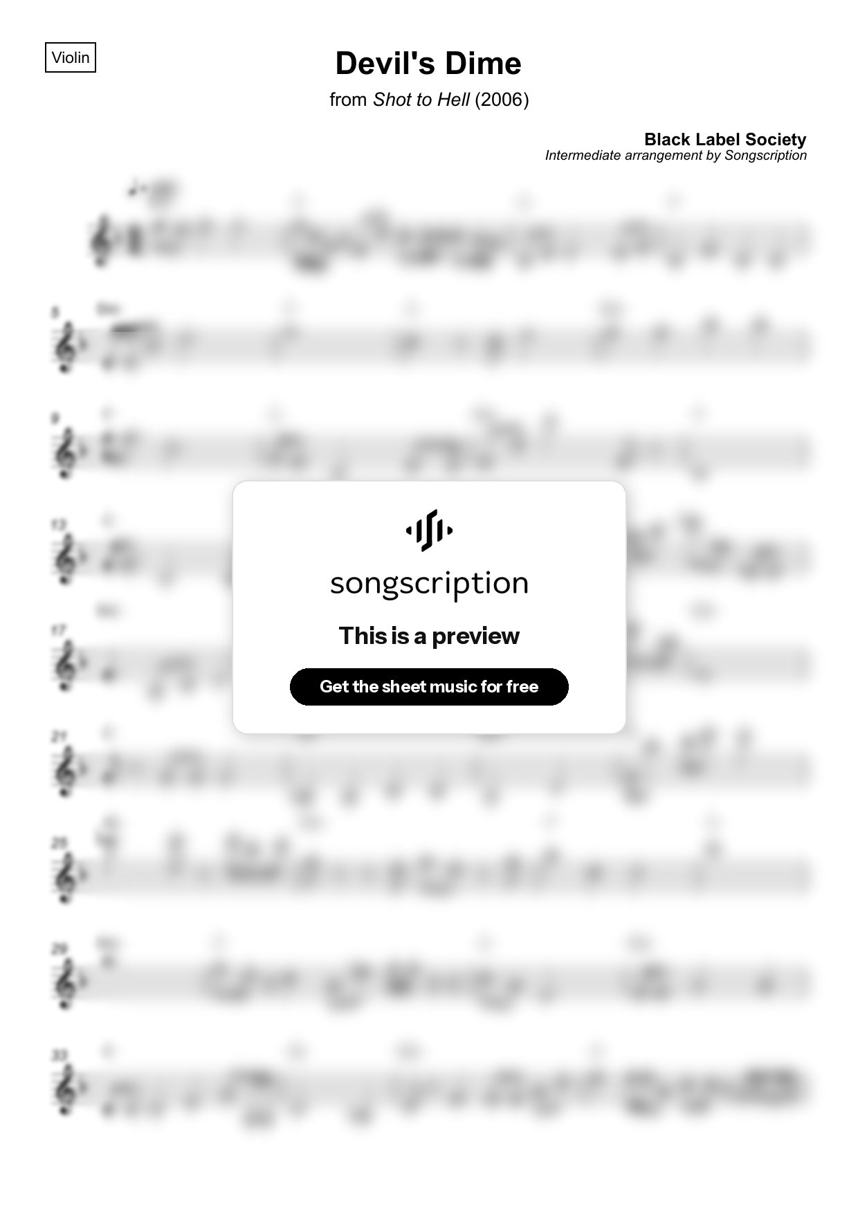 Intermediate Violin Sheet Music for "Devil's Dime" by Black Label Society