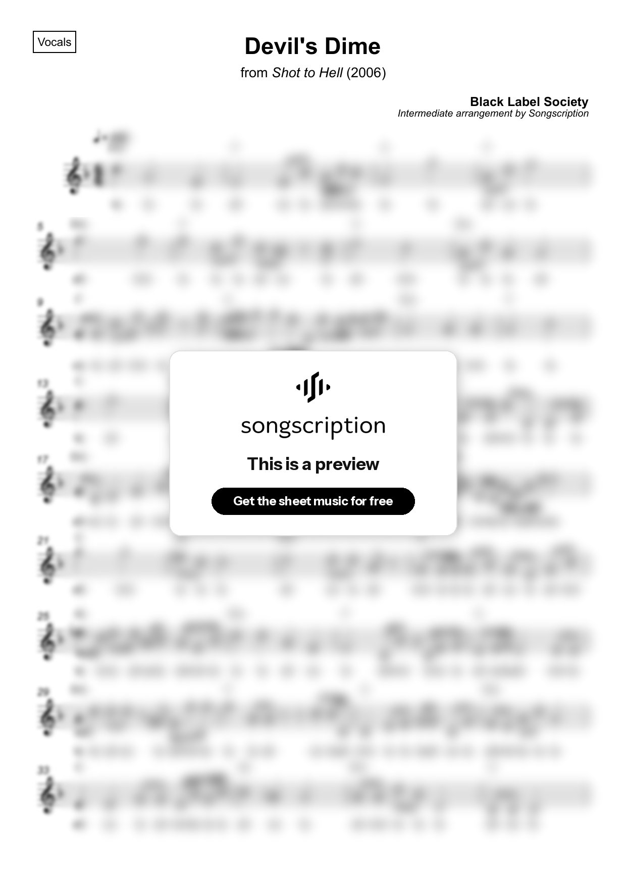 Intermediate Vocals Sheet Music for "Devil's Dime" by Black Label Society