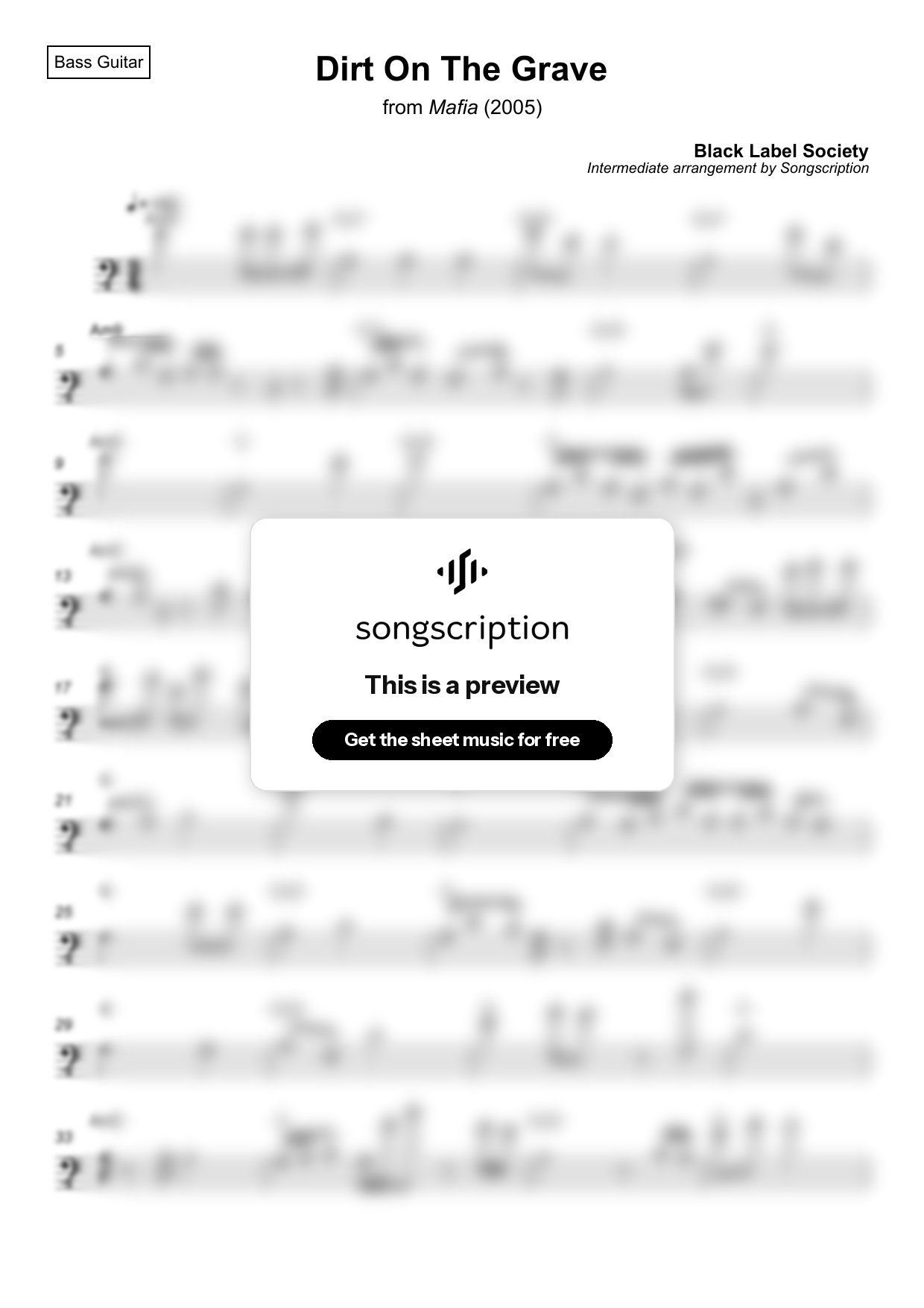 Intermediate Bass Guitar Sheet Music for "Dirt On The Grave" by Black Label Society