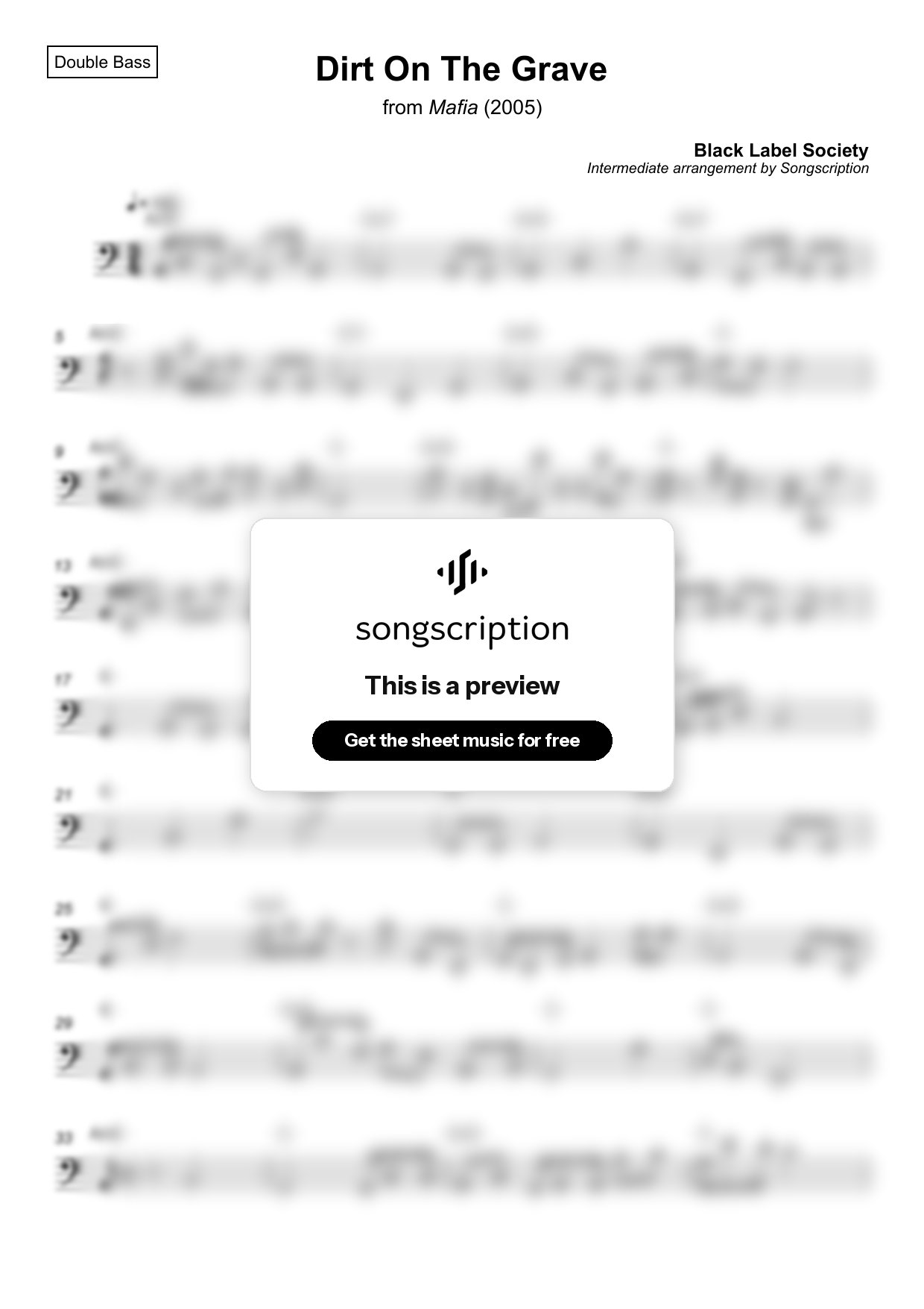 Intermediate Double Bass Sheet Music for "Dirt On The Grave" by Black Label Society