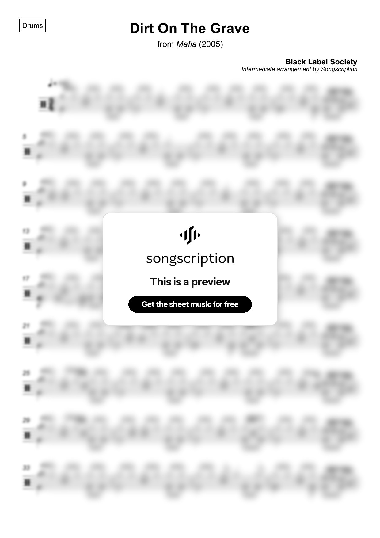 Intermediate Drums Sheet Music for "Dirt On The Grave" by Black Label Society