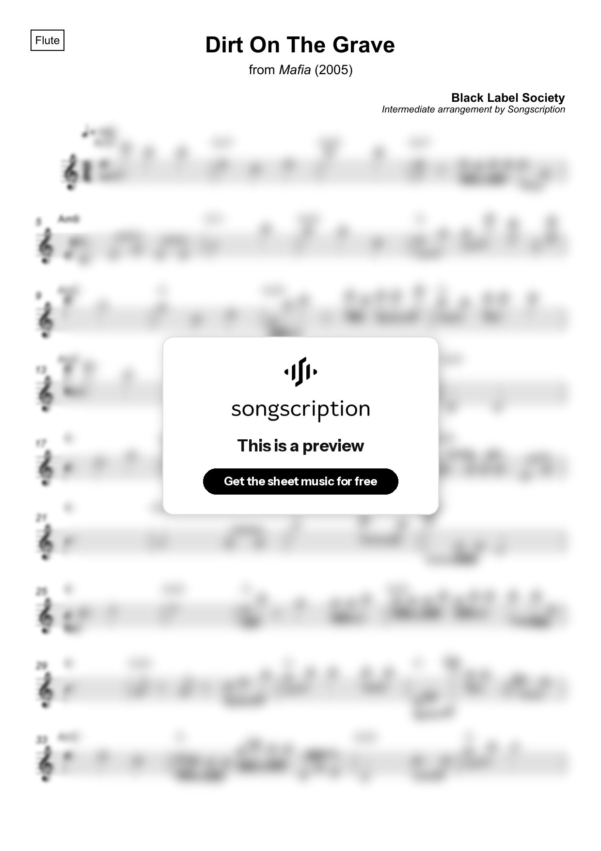 Intermediate Flute Sheet Music for "Dirt On The Grave" by Black Label Society