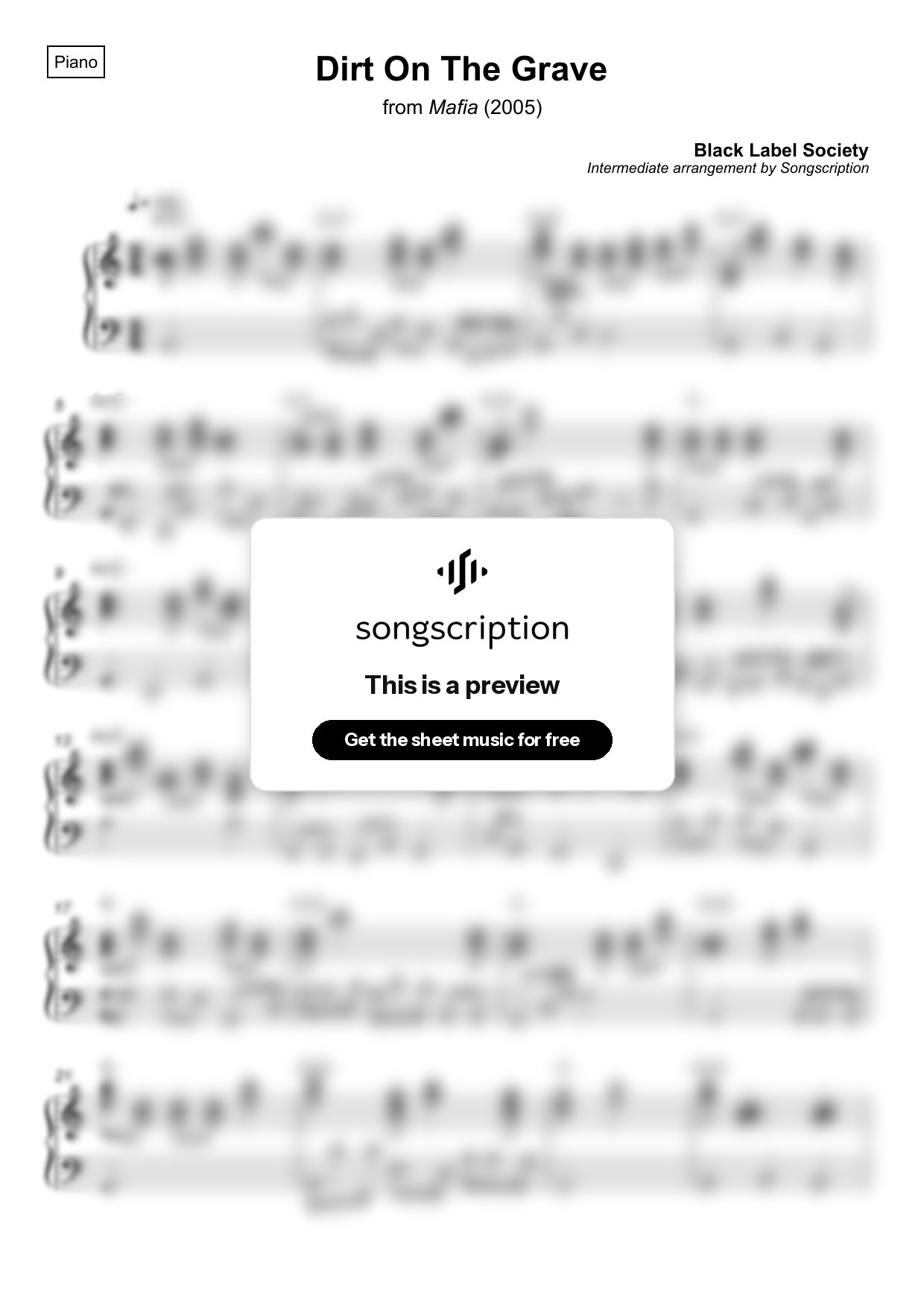 Intermediate Piano Sheet Music for "Dirt On The Grave" by Black Label Society
