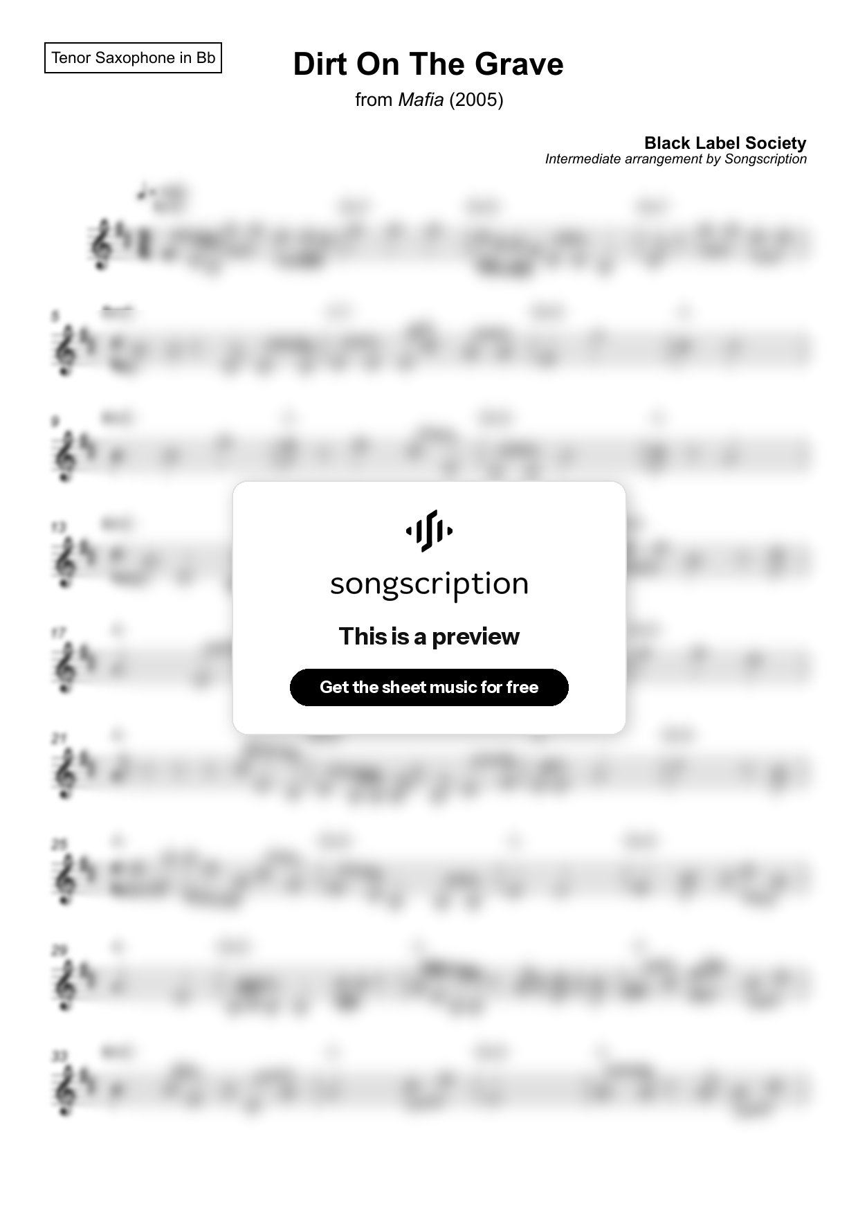 Intermediate Tenor Sax Sheet Music for "Dirt On The Grave" by Black Label Society