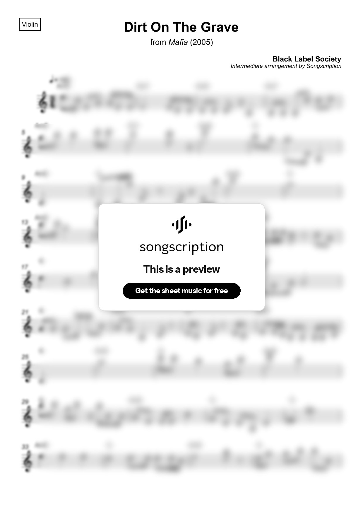 Intermediate Violin Sheet Music for "Dirt On The Grave" by Black Label Society