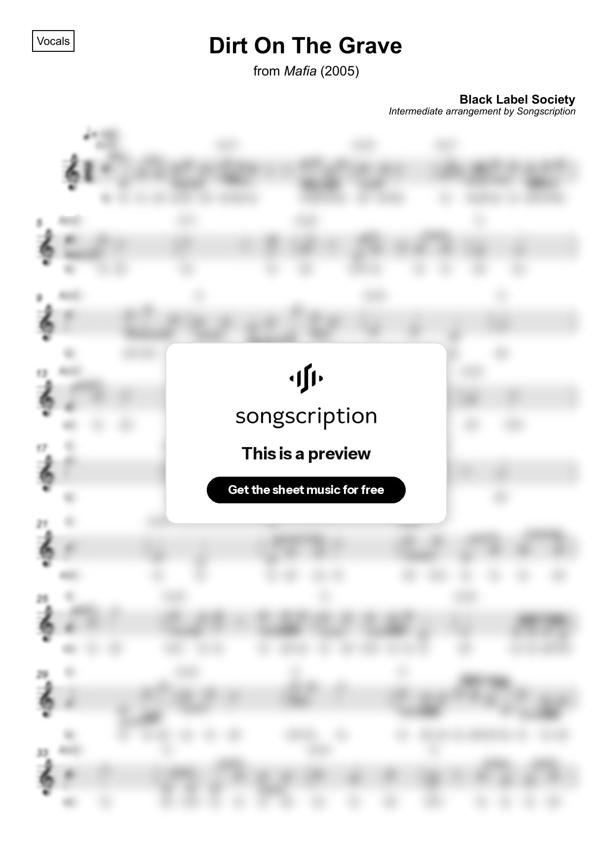 Intermediate Vocals Sheet Music for "Dirt On The Grave" by Black Label Society
