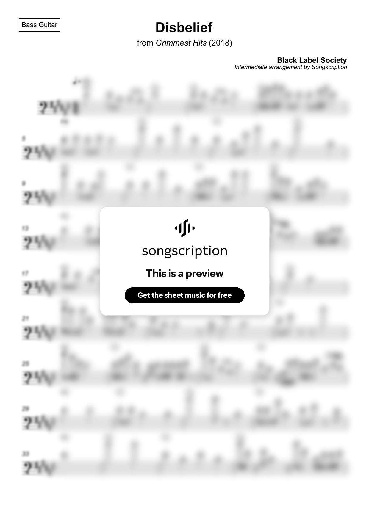 Intermediate Bass Guitar Sheet Music for "Disbelief" by Black Label Society