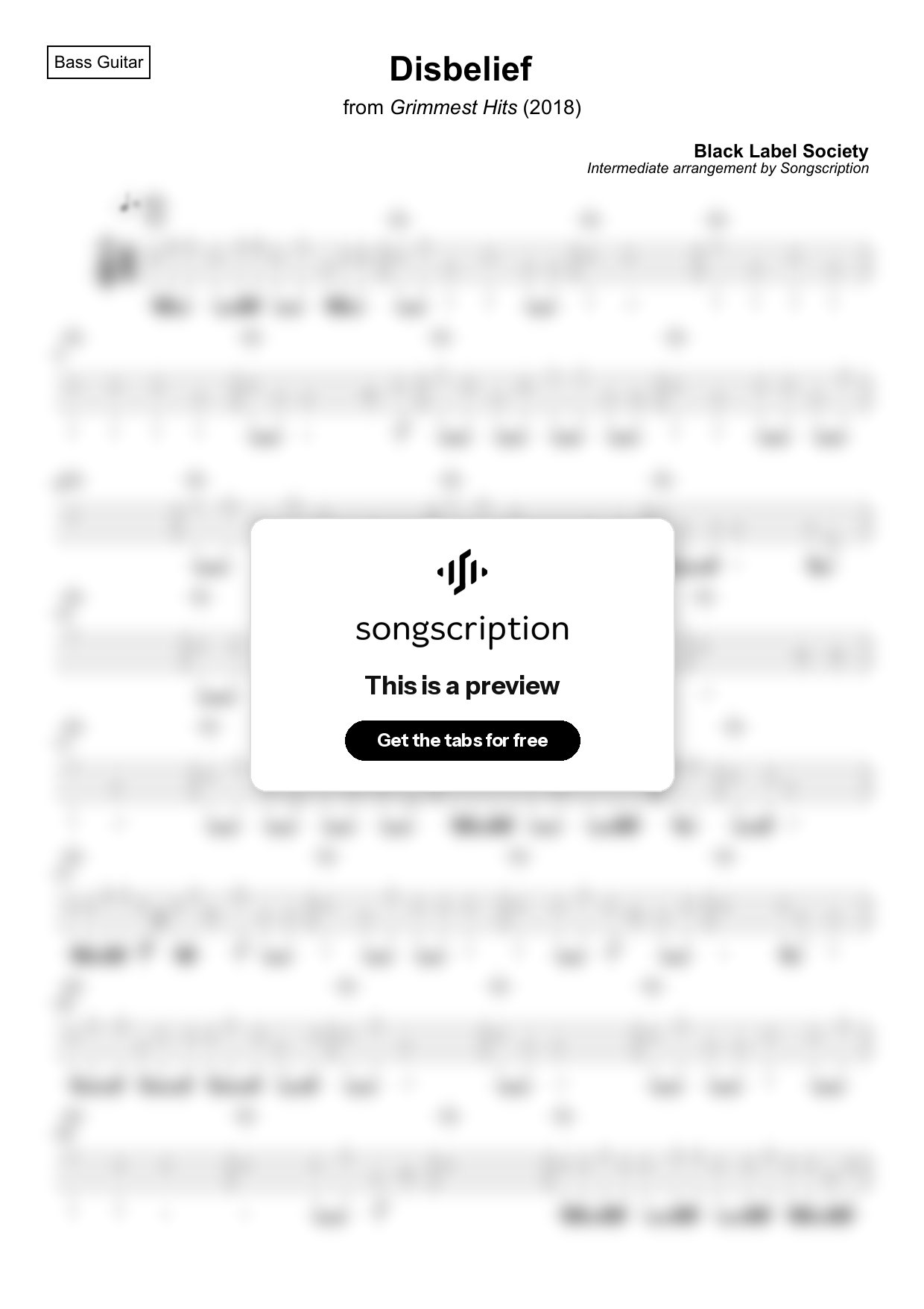 Intermediate Bass Guitar Tabs for "Disbelief" by Black Label Society
