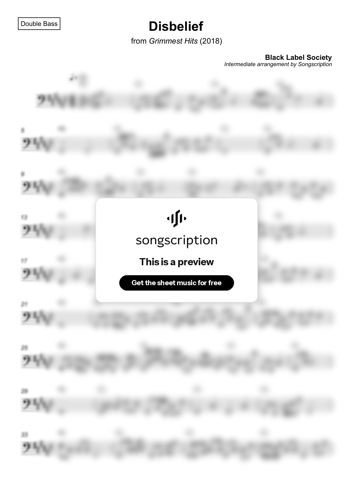 Intermediate Double Bass Sheet Music for "Disbelief" by Black Label Society
