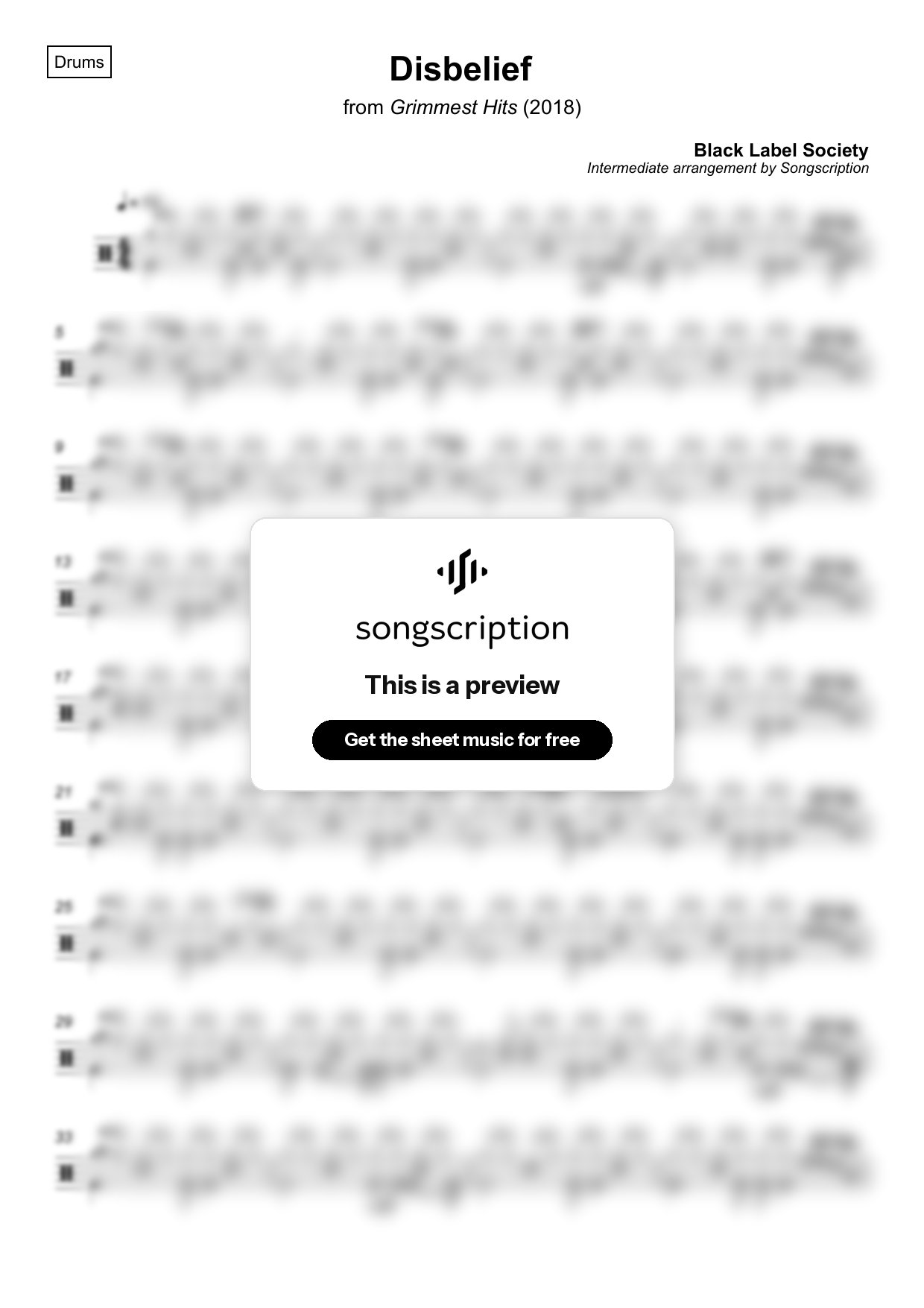 Intermediate Drums Sheet Music for "Disbelief" by Black Label Society