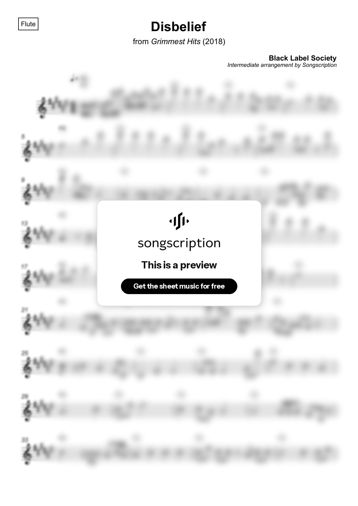 Intermediate Flute Sheet Music for "Disbelief" by Black Label Society