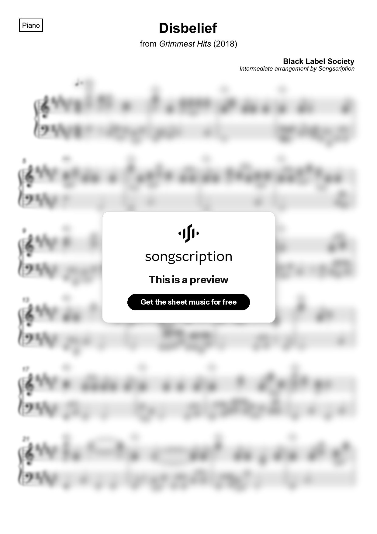 Intermediate Piano Sheet Music for "Disbelief" by Black Label Society