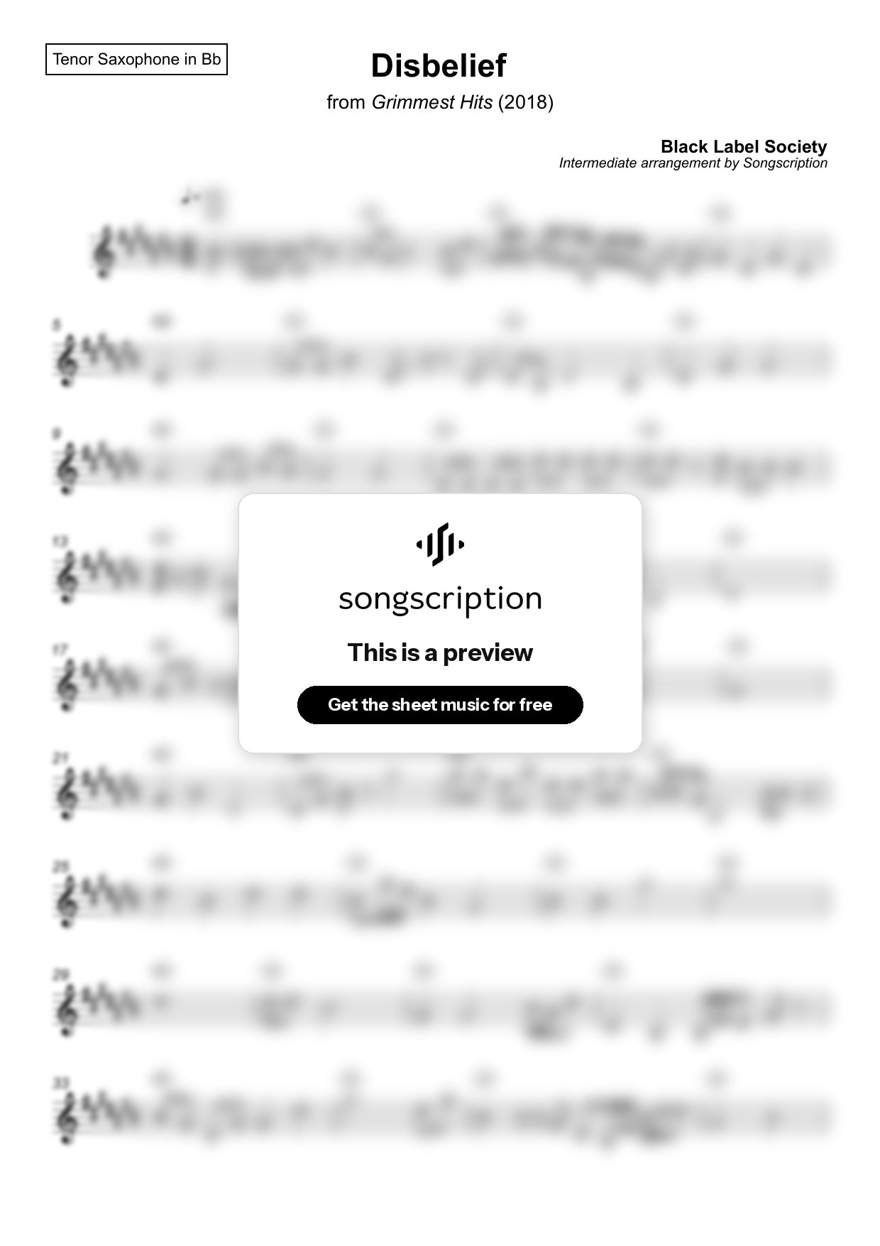 Intermediate Tenor Sax Sheet Music for "Disbelief" by Black Label Society