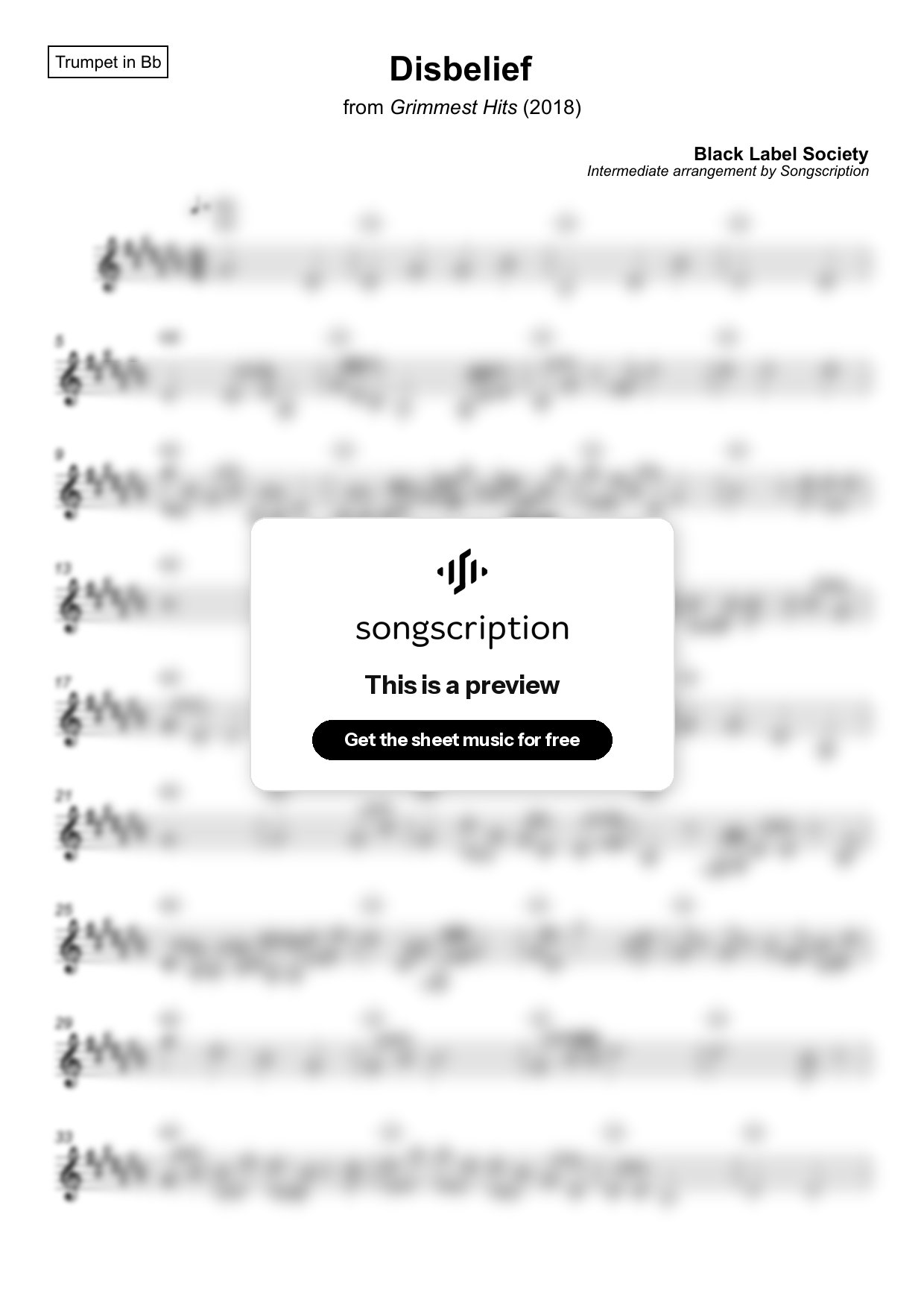 Intermediate Trumpet Sheet Music for "Disbelief" by Black Label Society