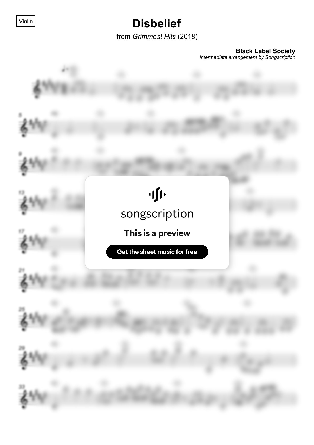 Intermediate Violin Sheet Music for "Disbelief" by Black Label Society