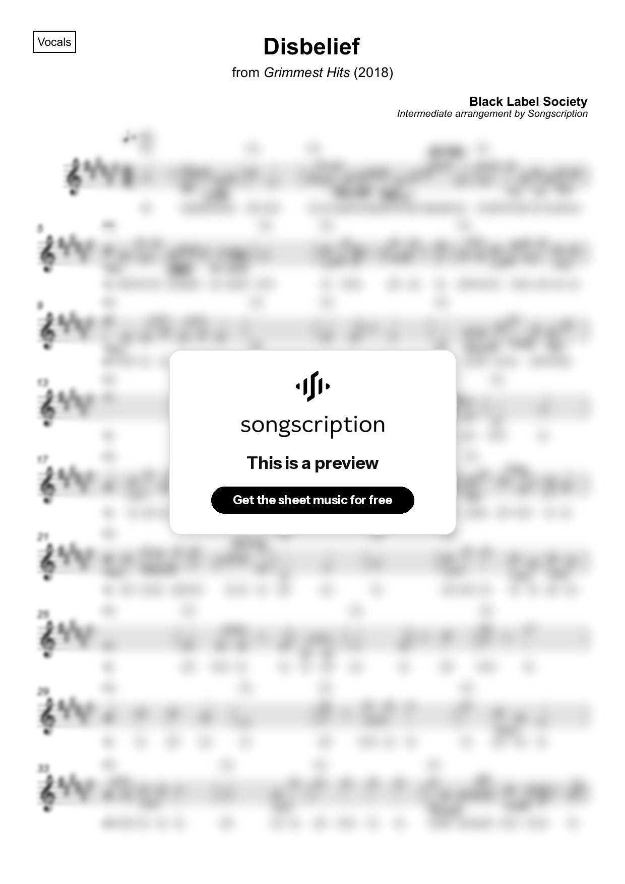 Intermediate Vocals Sheet Music for "Disbelief" by Black Label Society