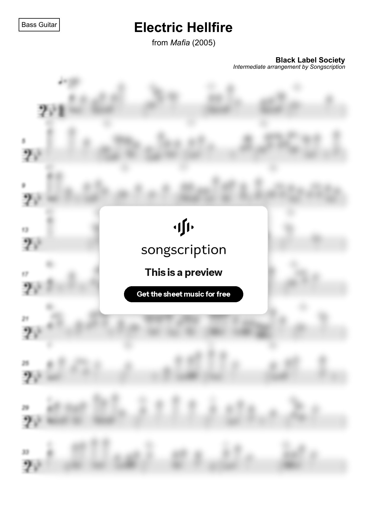 Intermediate Bass Guitar Sheet Music for "Electric Hellfire" by Black Label Society