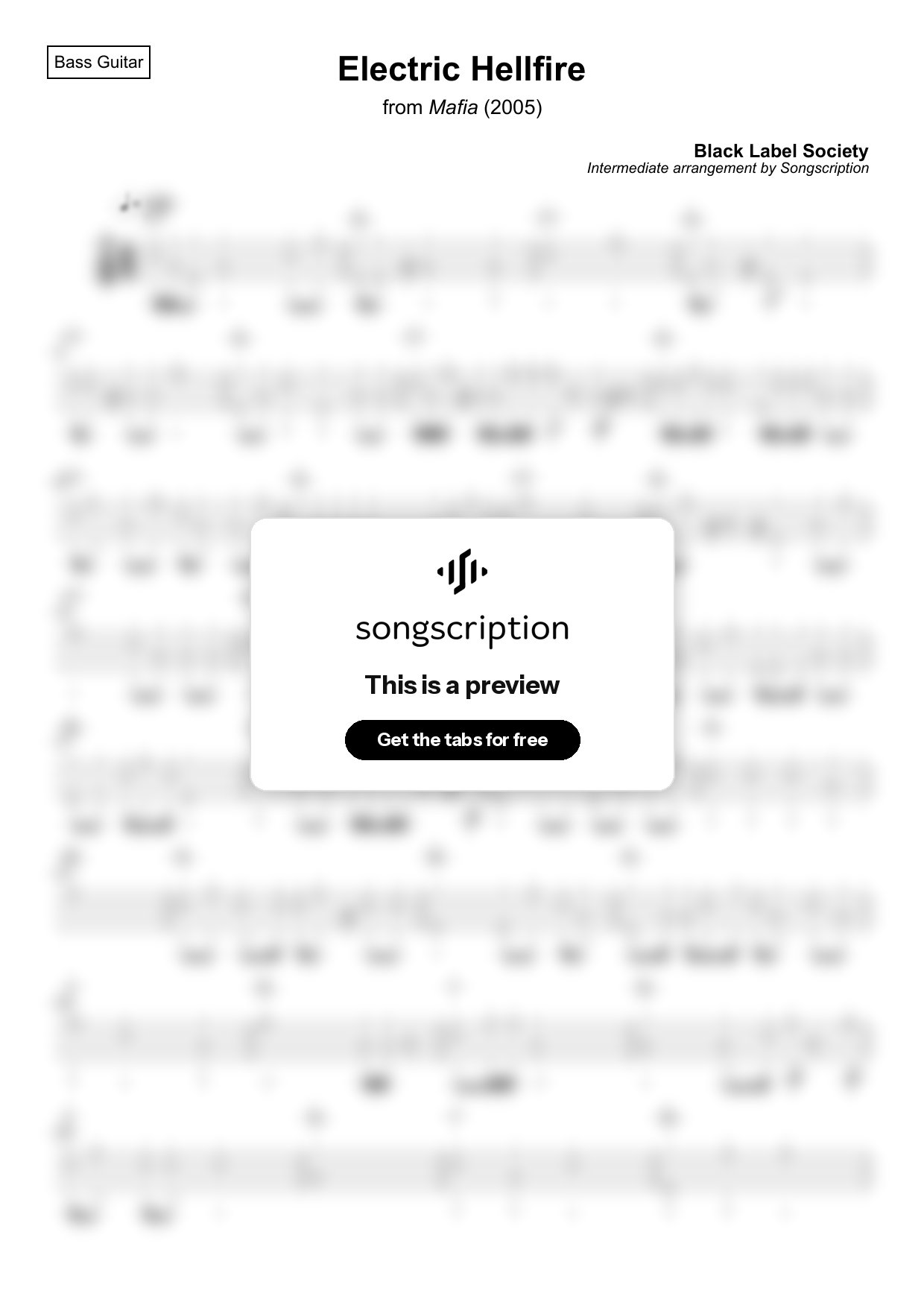 Intermediate Bass Guitar Tabs for "Electric Hellfire" by Black Label Society