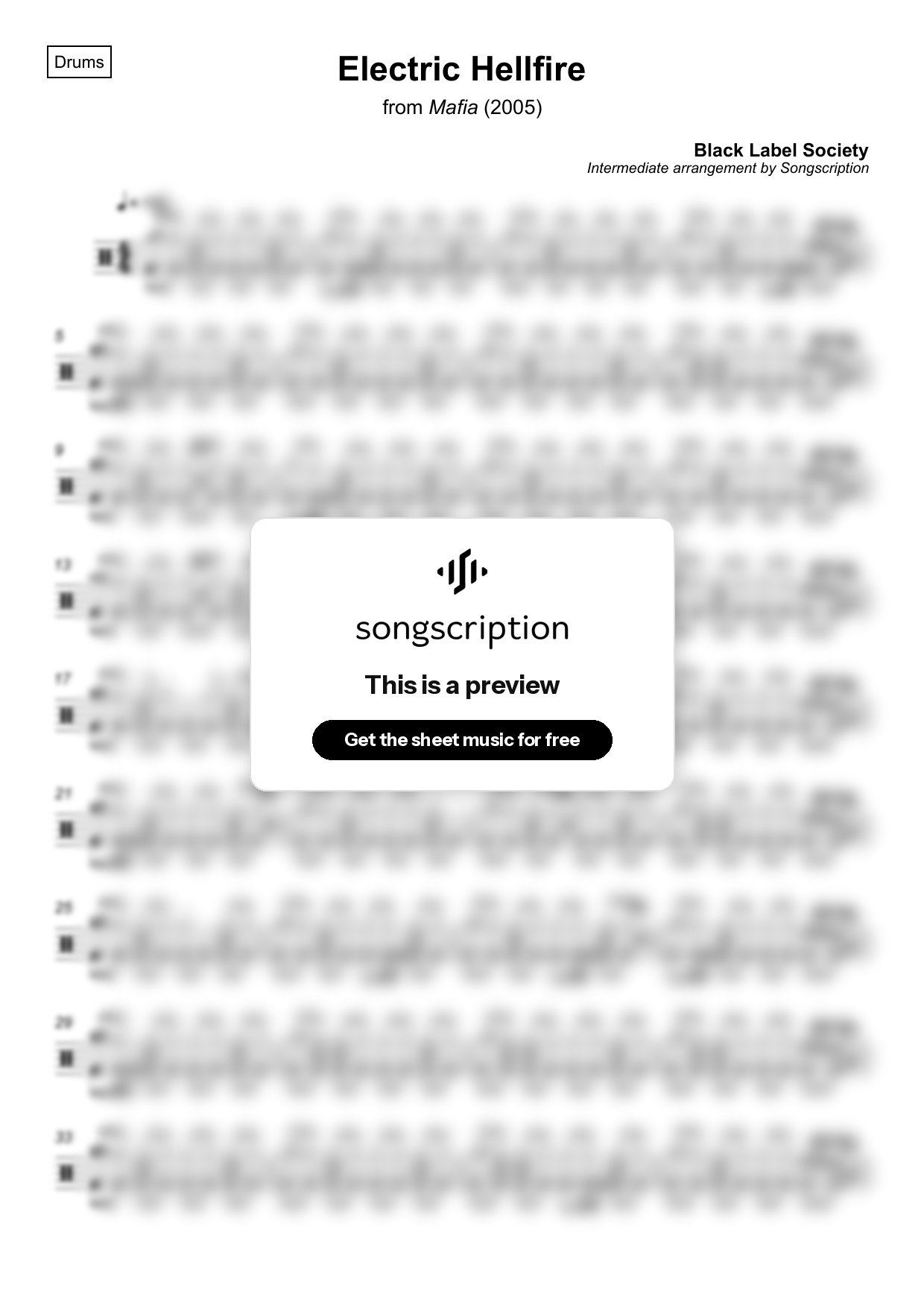 Intermediate Drums Sheet Music for "Electric Hellfire" by Black Label Society