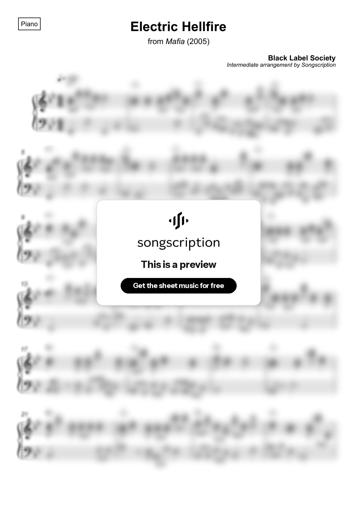 Intermediate Piano Sheet Music for "Electric Hellfire" by Black Label Society