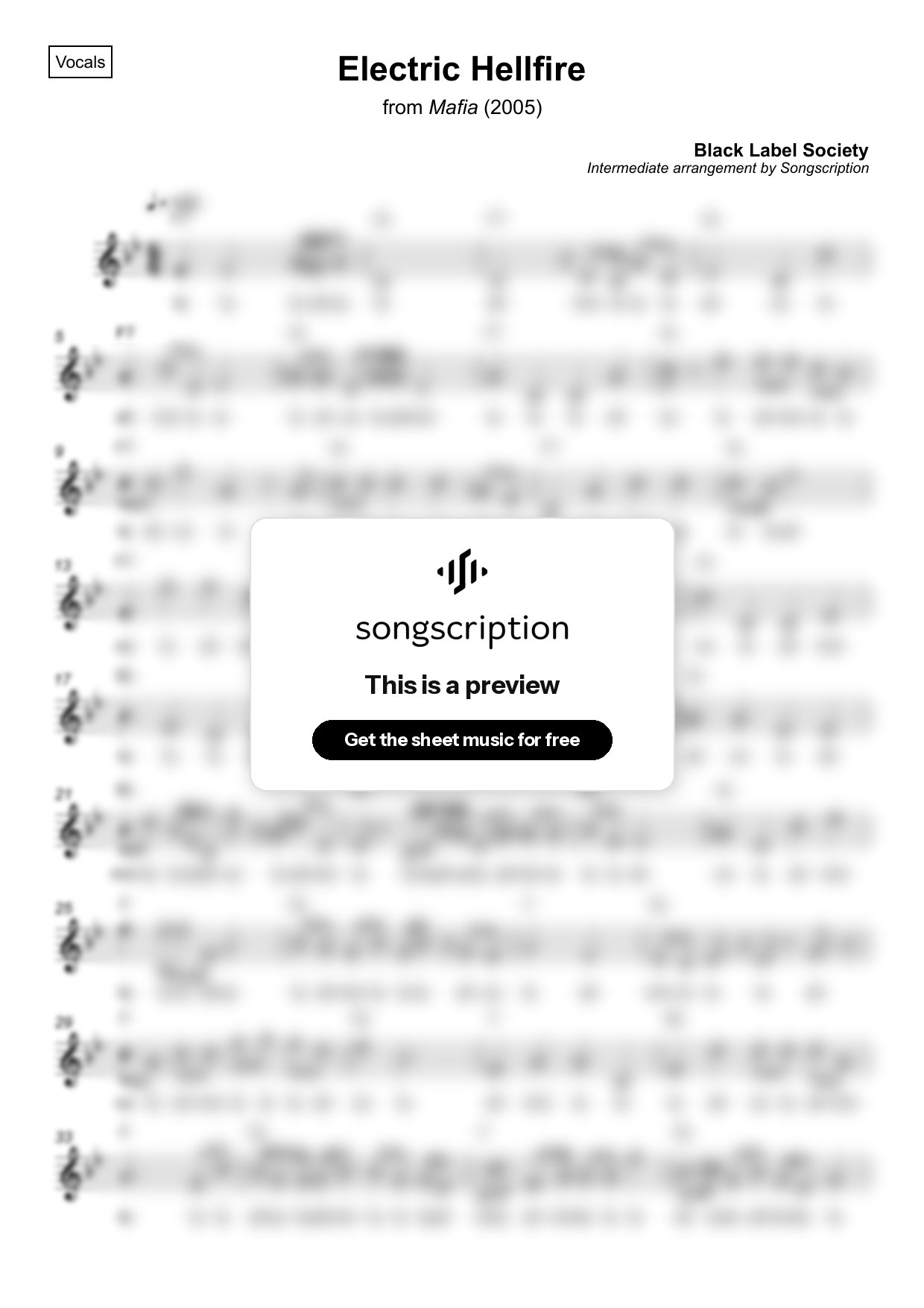 Intermediate Vocals Sheet Music for "Electric Hellfire" by Black Label Society