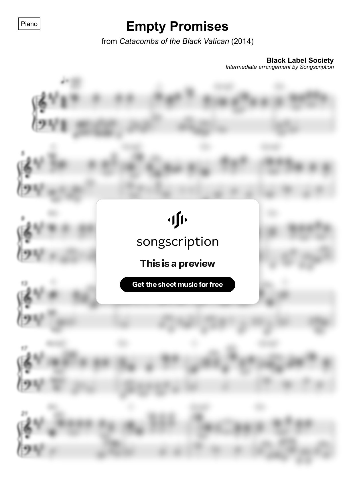 Intermediate Piano Sheet Music for "Empty Promises" by Black Label Society