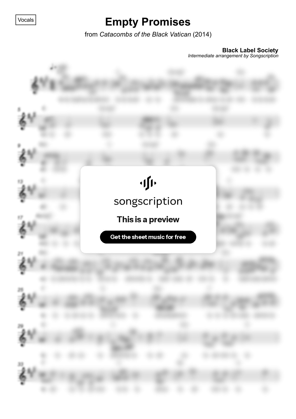 Intermediate Vocals Sheet Music for "Empty Promises" by Black Label Society
