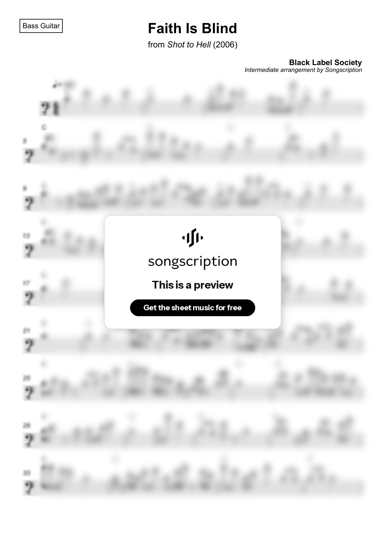 Intermediate Bass Guitar Sheet Music for "Faith Is Blind" by Black Label Society