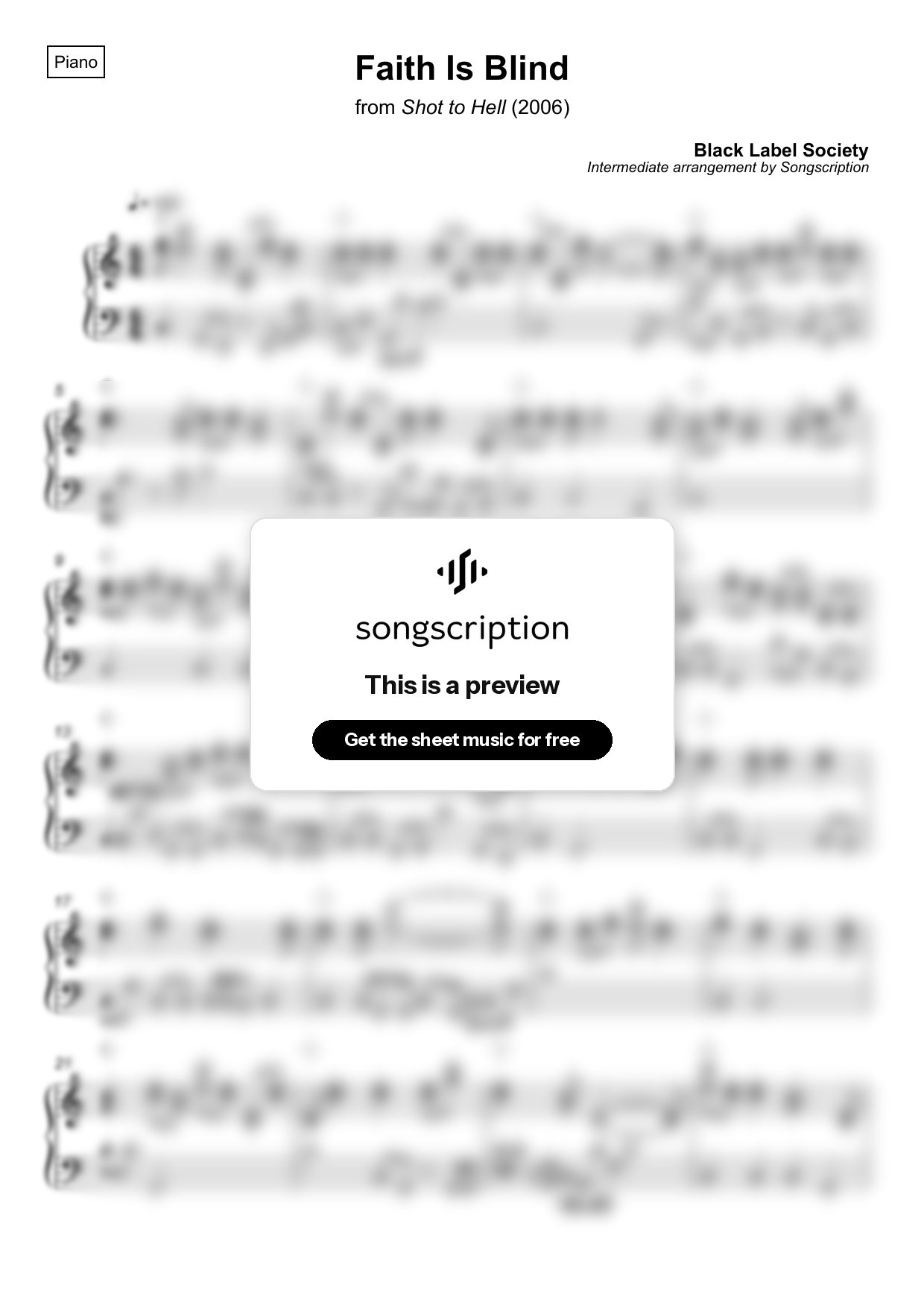 Intermediate Piano Sheet Music for "Faith Is Blind" by Black Label Society