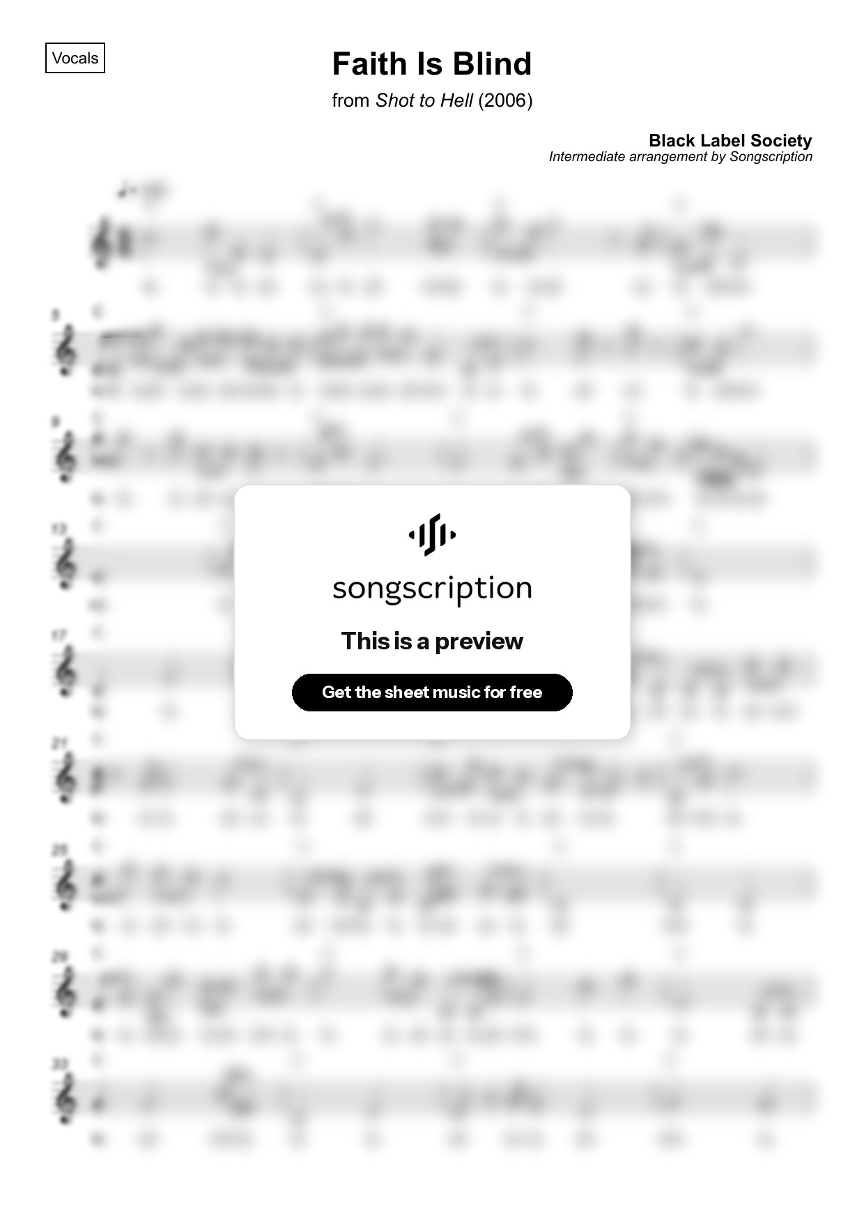 Intermediate Vocals Sheet Music for "Faith Is Blind" by Black Label Society