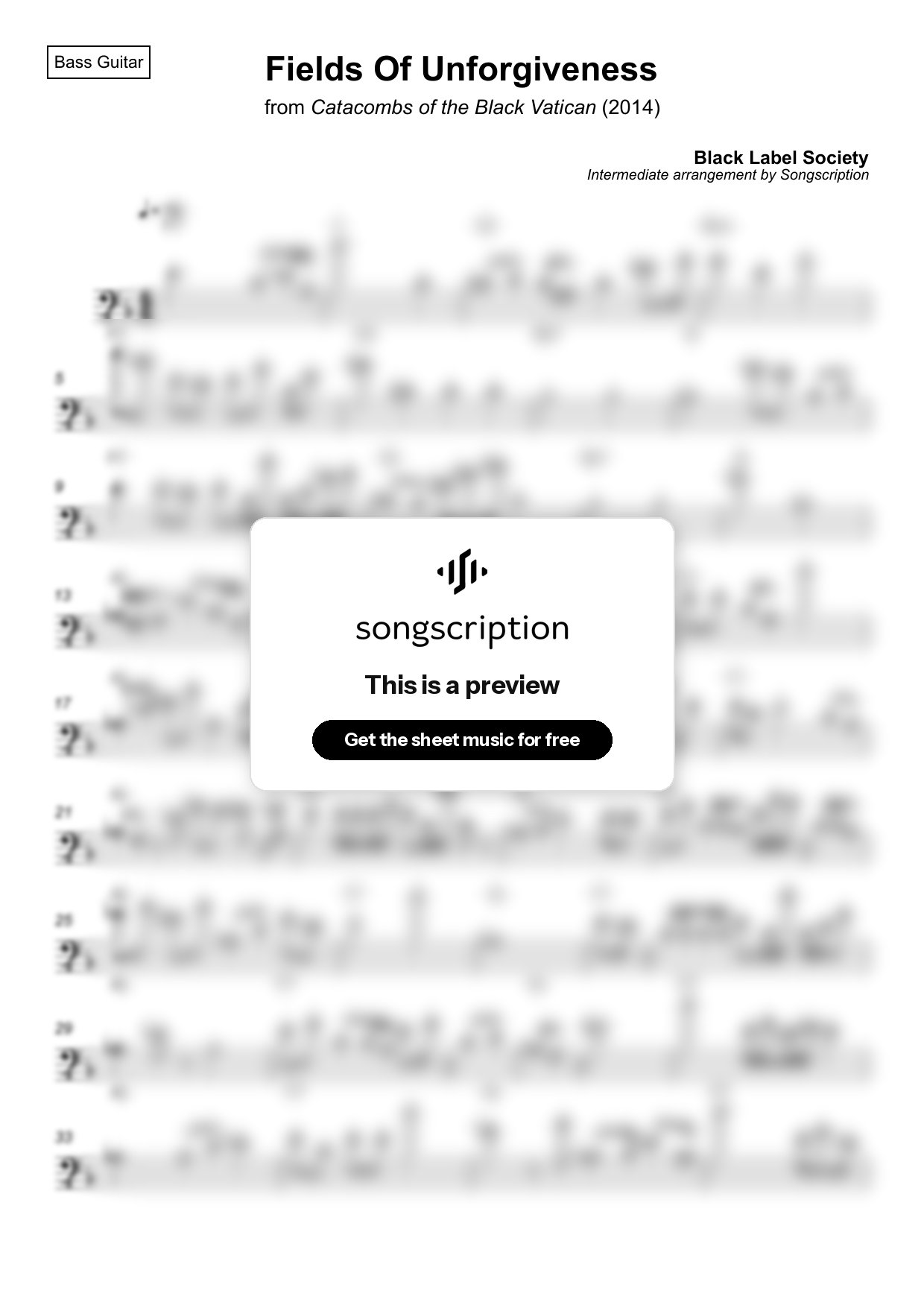Intermediate Bass Guitar Sheet Music for "Fields Of Unforgiveness" by Black Label Society