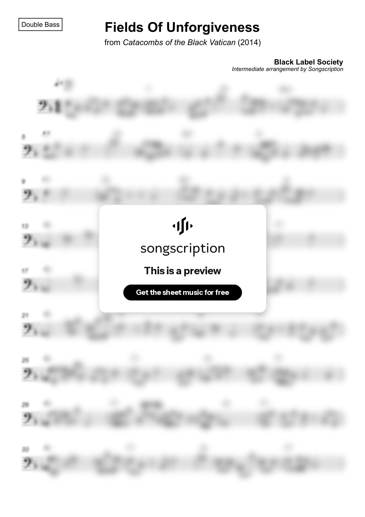 Intermediate Double Bass Sheet Music for "Fields Of Unforgiveness" by Black Label Society