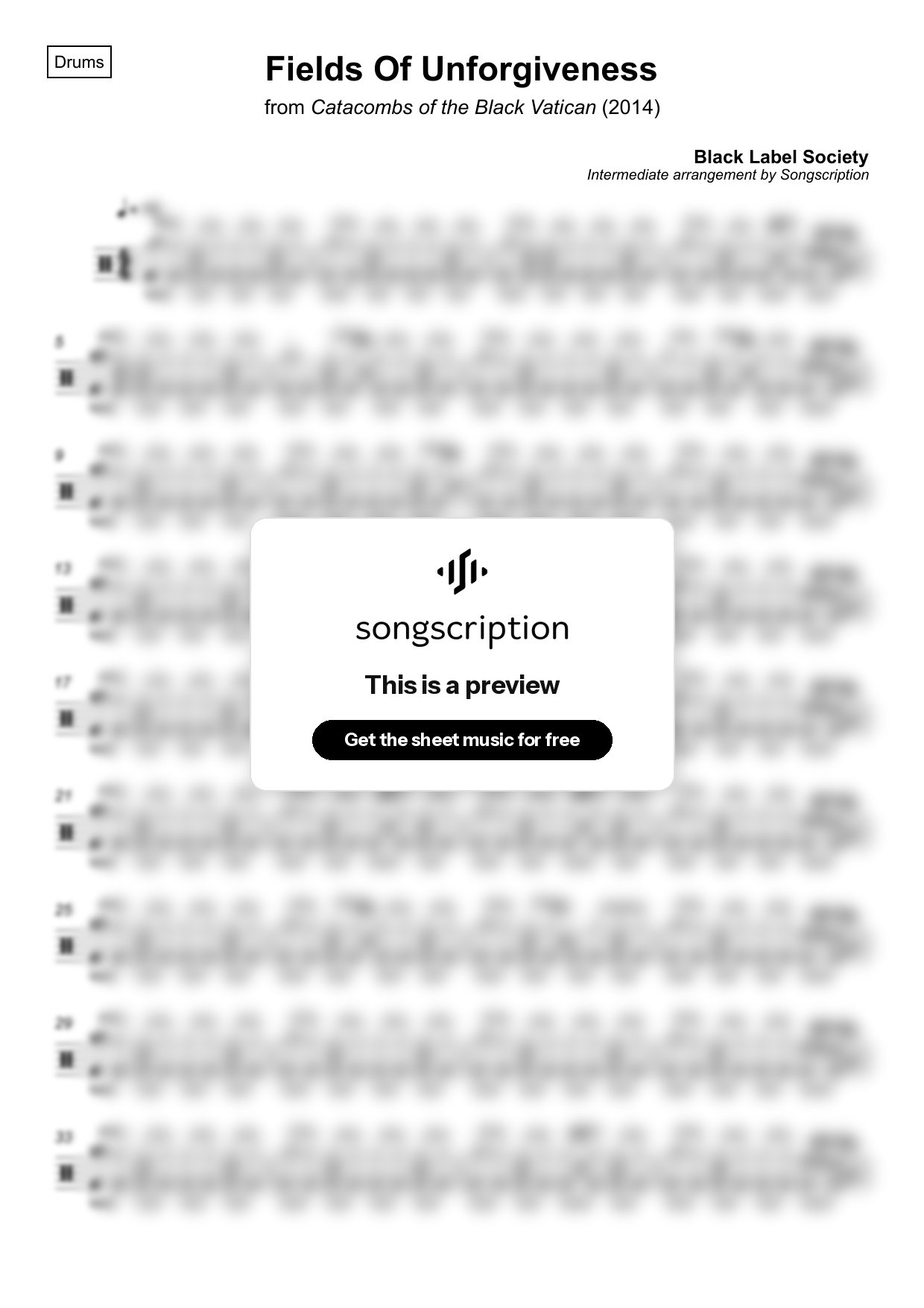 Intermediate Drums Sheet Music for "Fields Of Unforgiveness" by Black Label Society