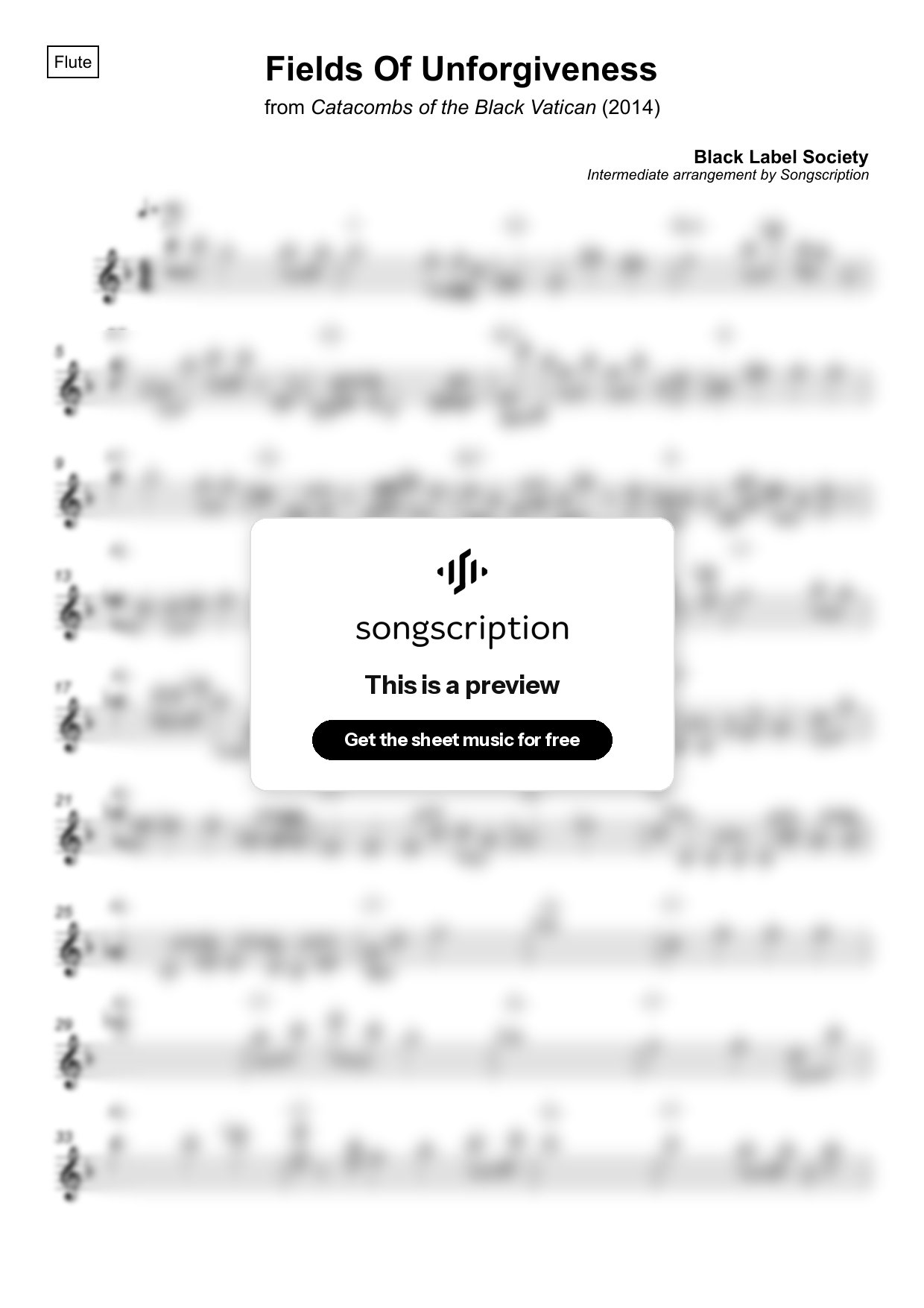 Intermediate Flute Sheet Music for "Fields Of Unforgiveness" by Black Label Society