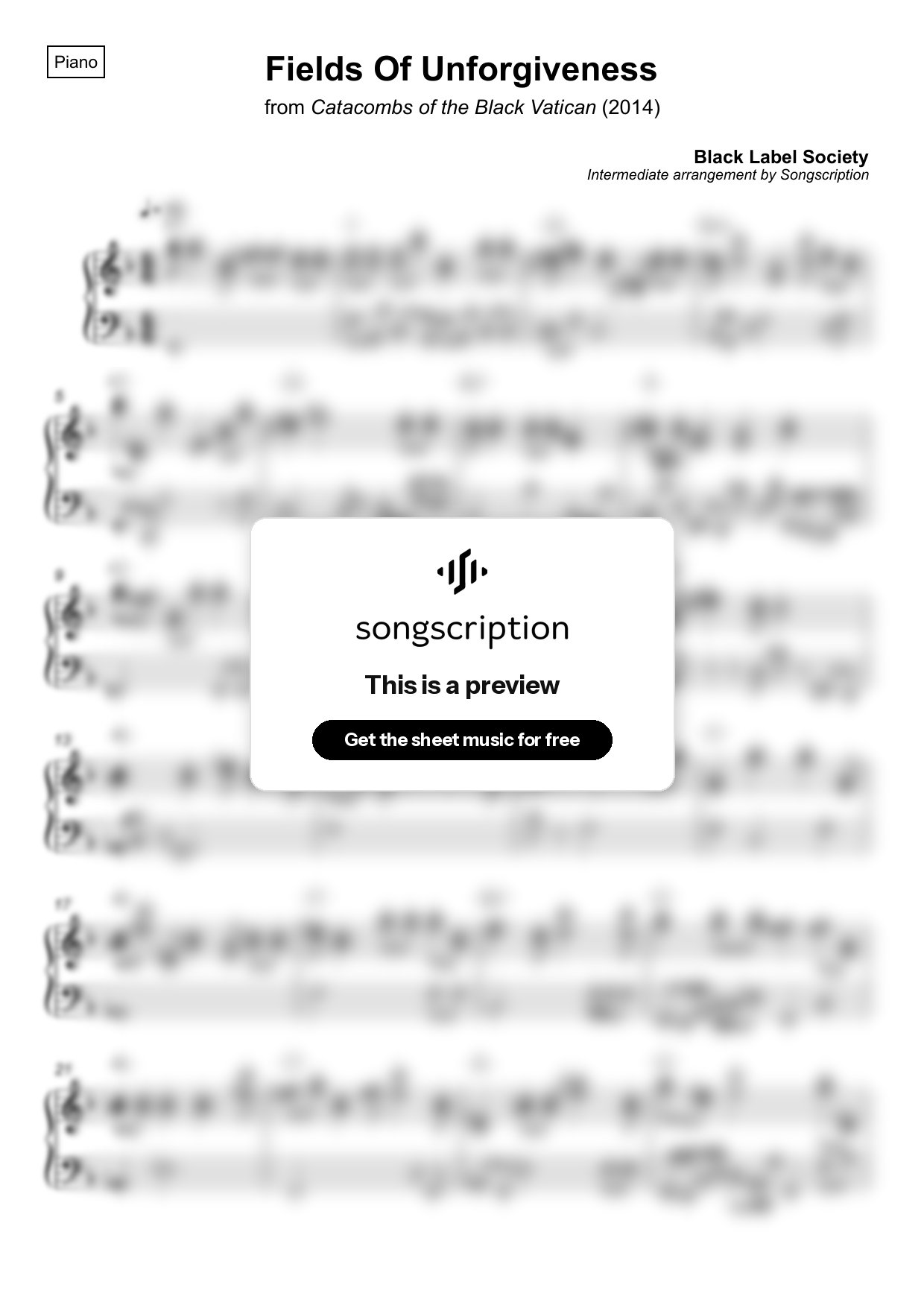 Intermediate Piano Sheet Music for "Fields Of Unforgiveness" by Black Label Society