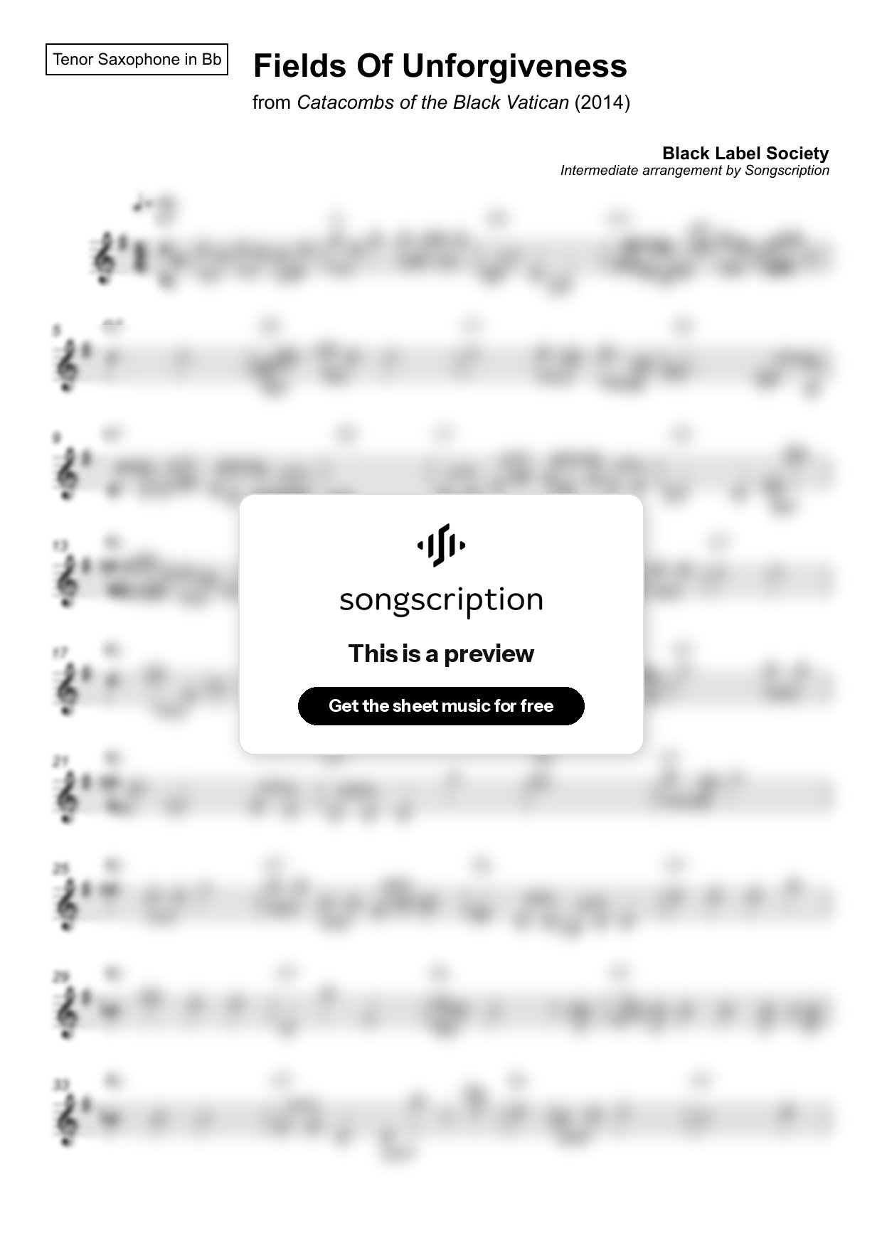 Intermediate Tenor Sax Sheet Music for "Fields Of Unforgiveness" by Black Label Society