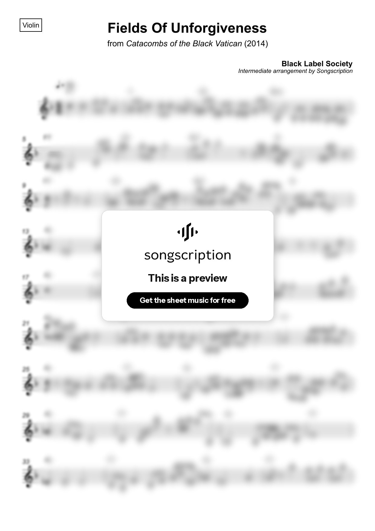 Intermediate Violin Sheet Music for "Fields Of Unforgiveness" by Black Label Society