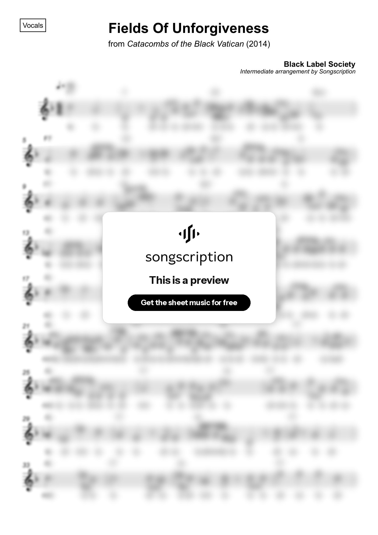 Intermediate Vocals Sheet Music for "Fields Of Unforgiveness" by Black Label Society