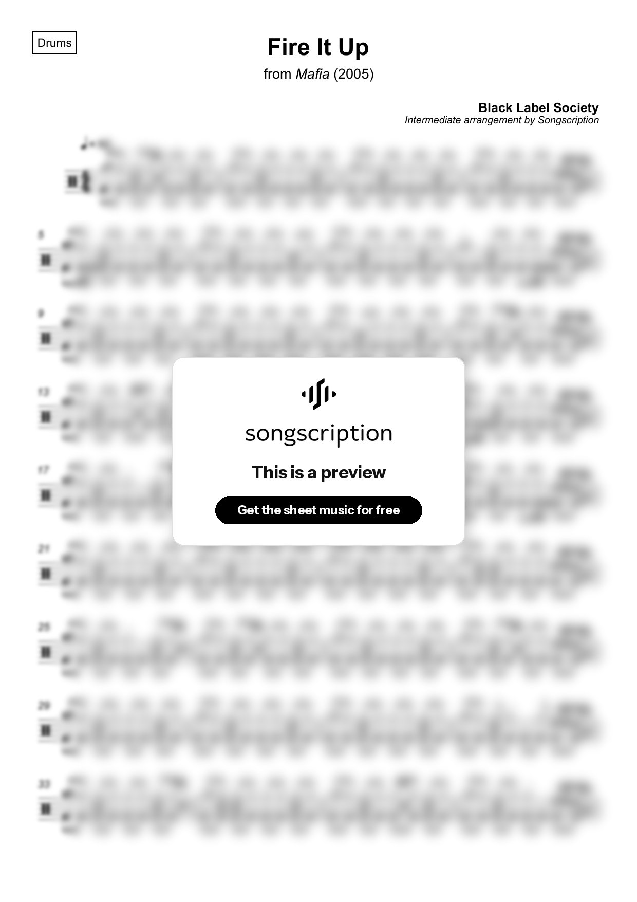 Intermediate Drums Sheet Music for "Fire It Up" by Black Label Society