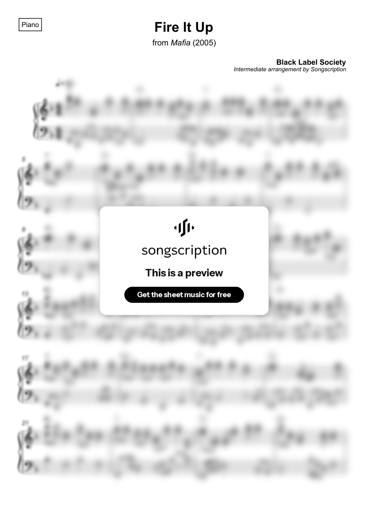 Intermediate Piano Sheet Music for "Fire It Up" by Black Label Society