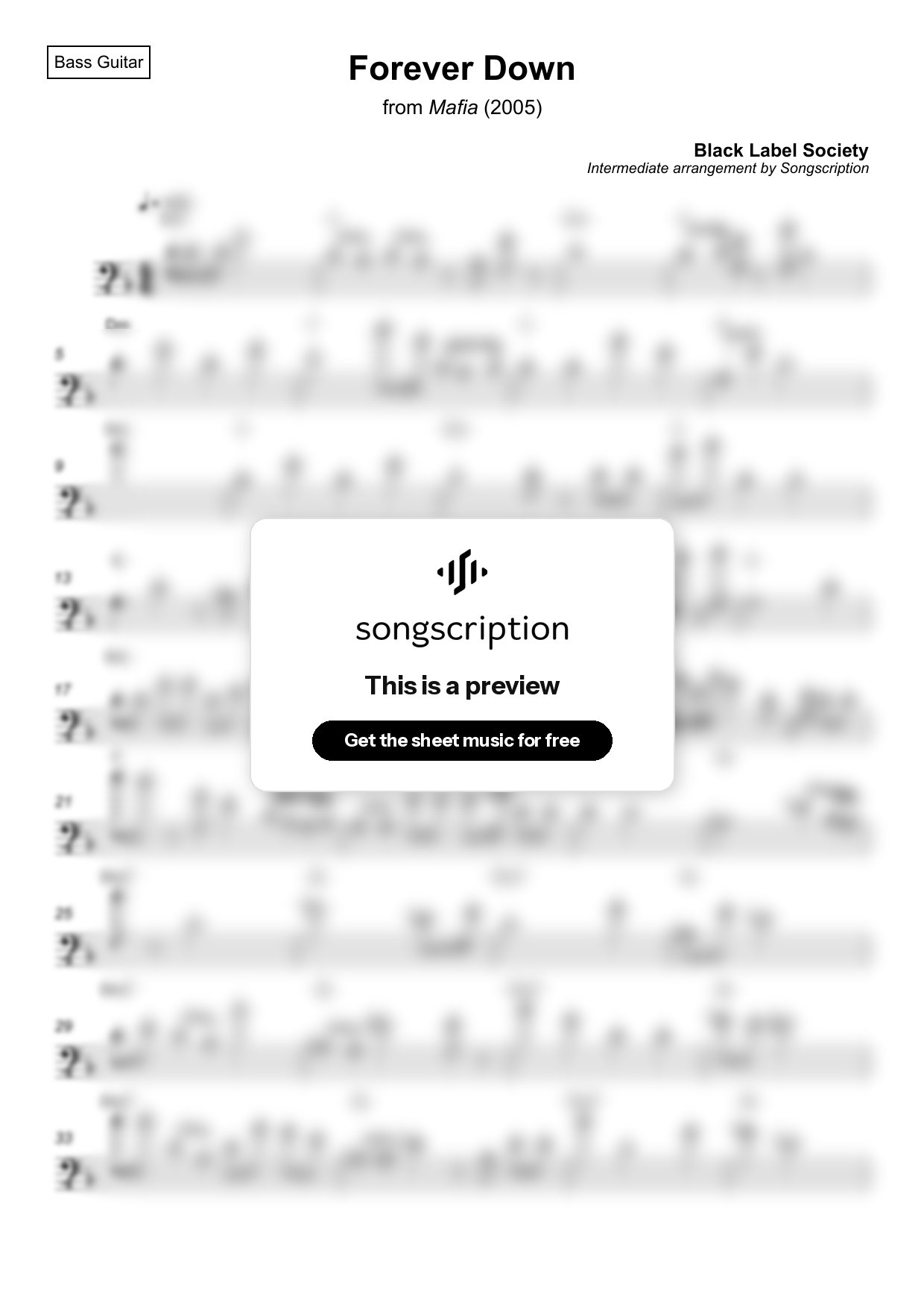 Intermediate Bass Guitar Sheet Music for "Forever Down" by Black Label Society