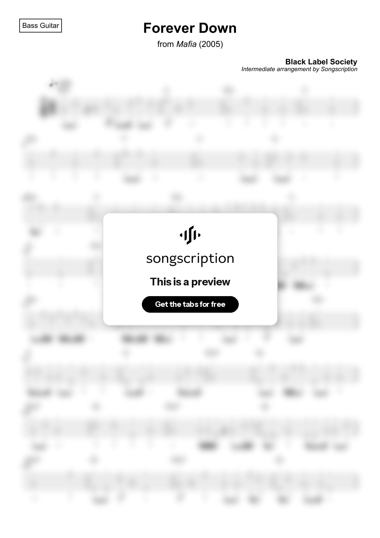 Intermediate Bass Guitar Tabs for "Forever Down" by Black Label Society