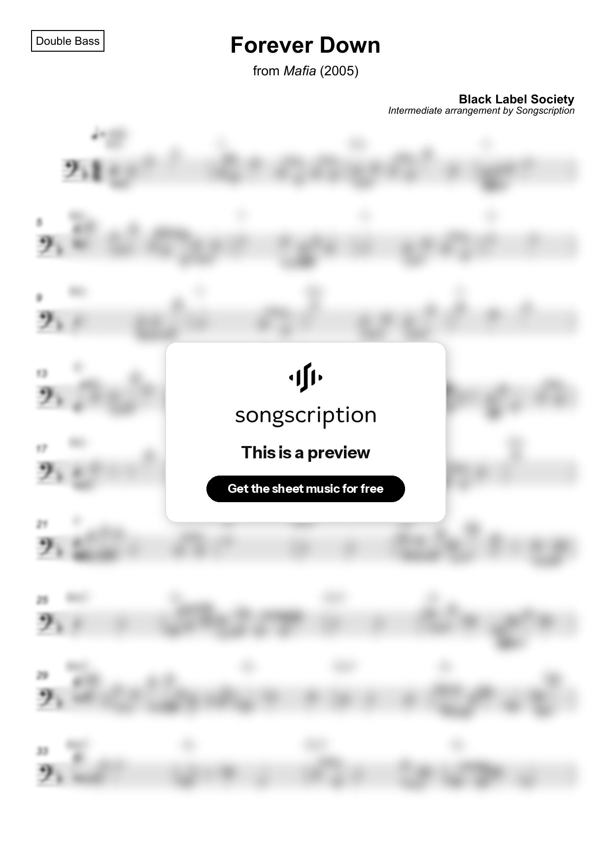 Intermediate Double Bass Sheet Music for "Forever Down" by Black Label Society