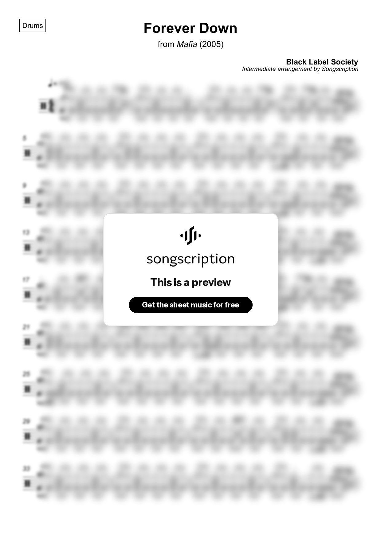 Intermediate Drums Sheet Music for "Forever Down" by Black Label Society