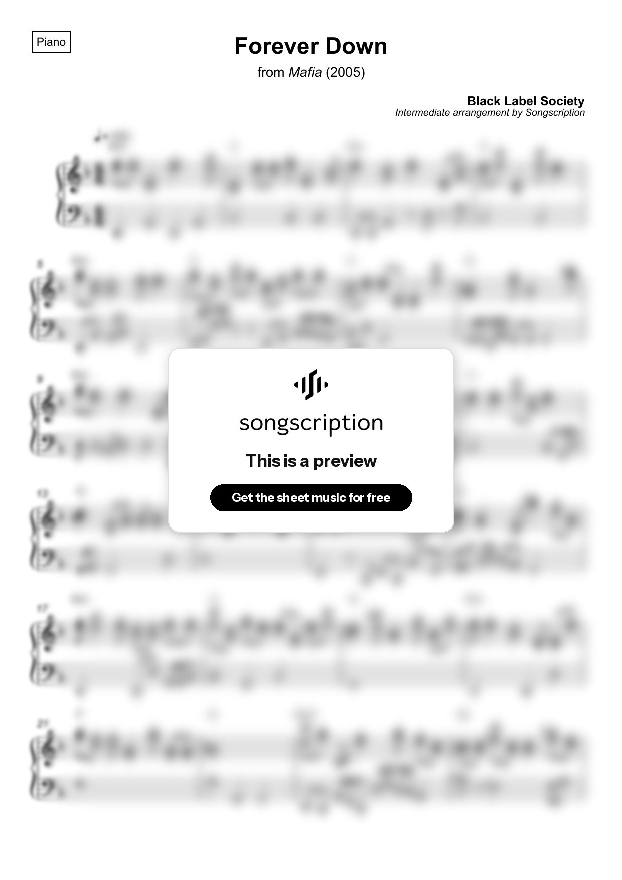 Intermediate Piano Sheet Music for "Forever Down" by Black Label Society
