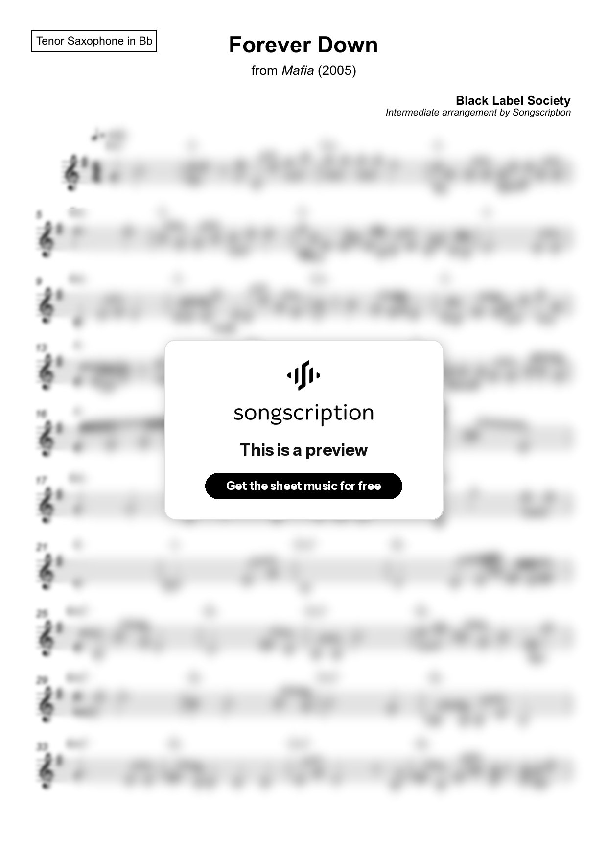 Intermediate Tenor Sax Sheet Music for "Forever Down" by Black Label Society